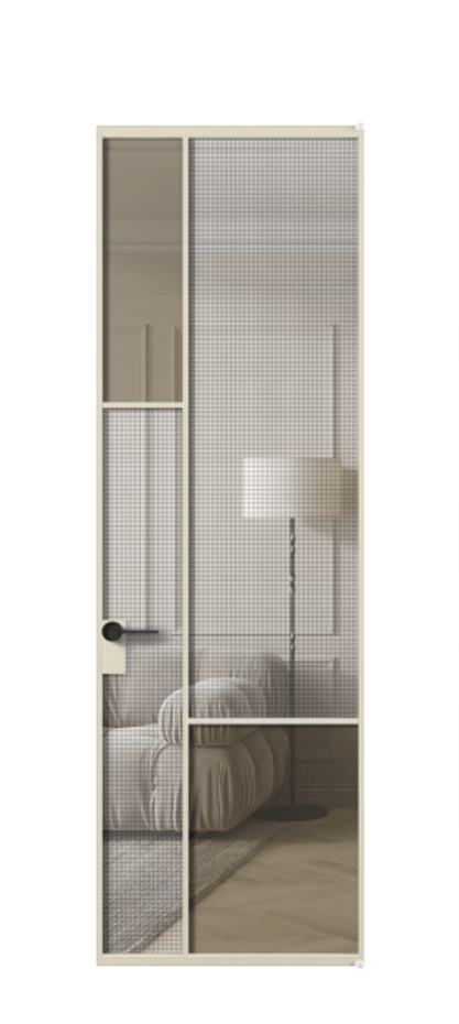 Межкомнатная дверь Mosaic АЛПЛ041.13 Алюминий бежево-серый Декоративное стекло с сеткой "Mesh silver", триплекс, 6 мм + Прозрачное бронзовое стекло, триплекс Цена 132572 ₽ | Volhovec