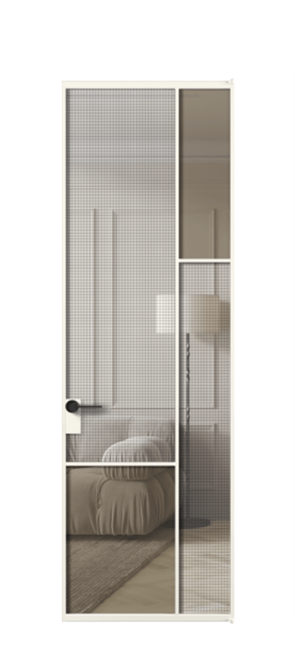 Межкомнатная дверь Mosaic АЛПЛ041.12 Алюминий пудровый белый Декоративное стекло с сеткой "Mesh silver", триплекс, 6 мм + Прозрачное бронзовое стекло, триплекс Цена 132572 ₽ | Volhovec