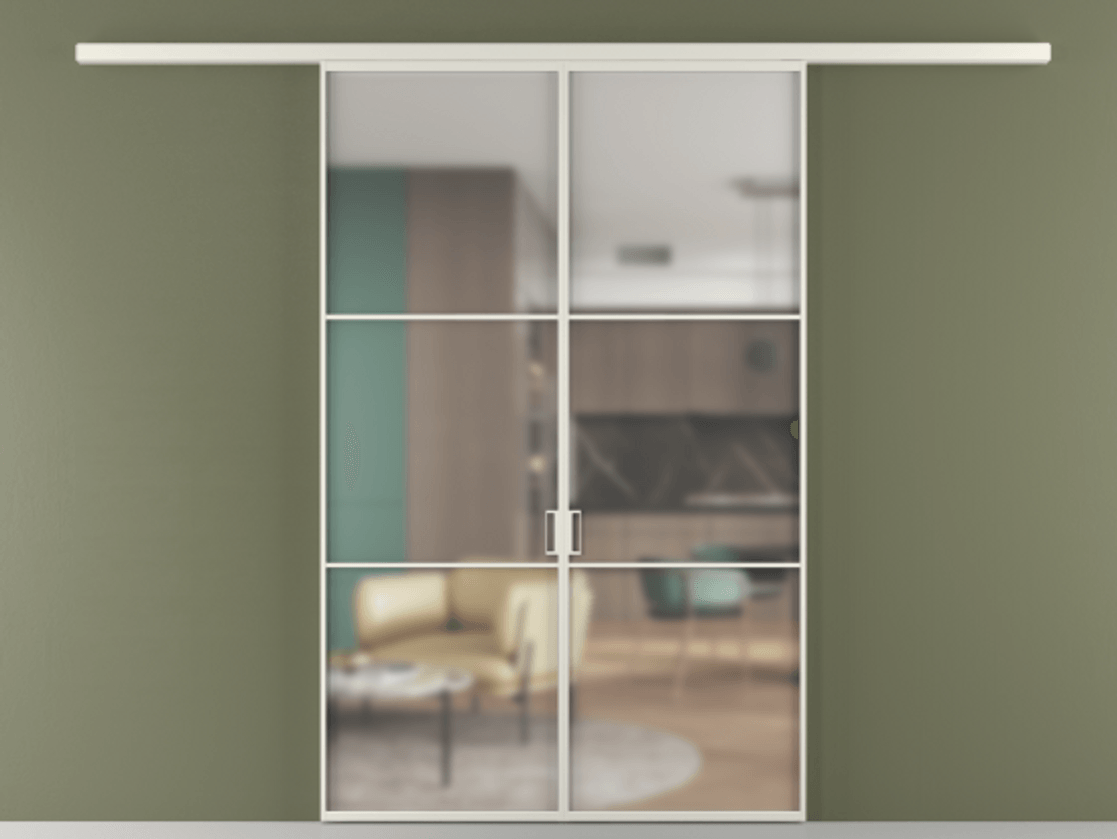 Перегородка Формато вдоль стены 2 створки АЛПР 040.03 Алюминий Белый Сатинированное стекло "Мателюкс Кристал Вижн", калёное, матовое, каленое 6 мм Цена 207900 ₽ | Volhovec