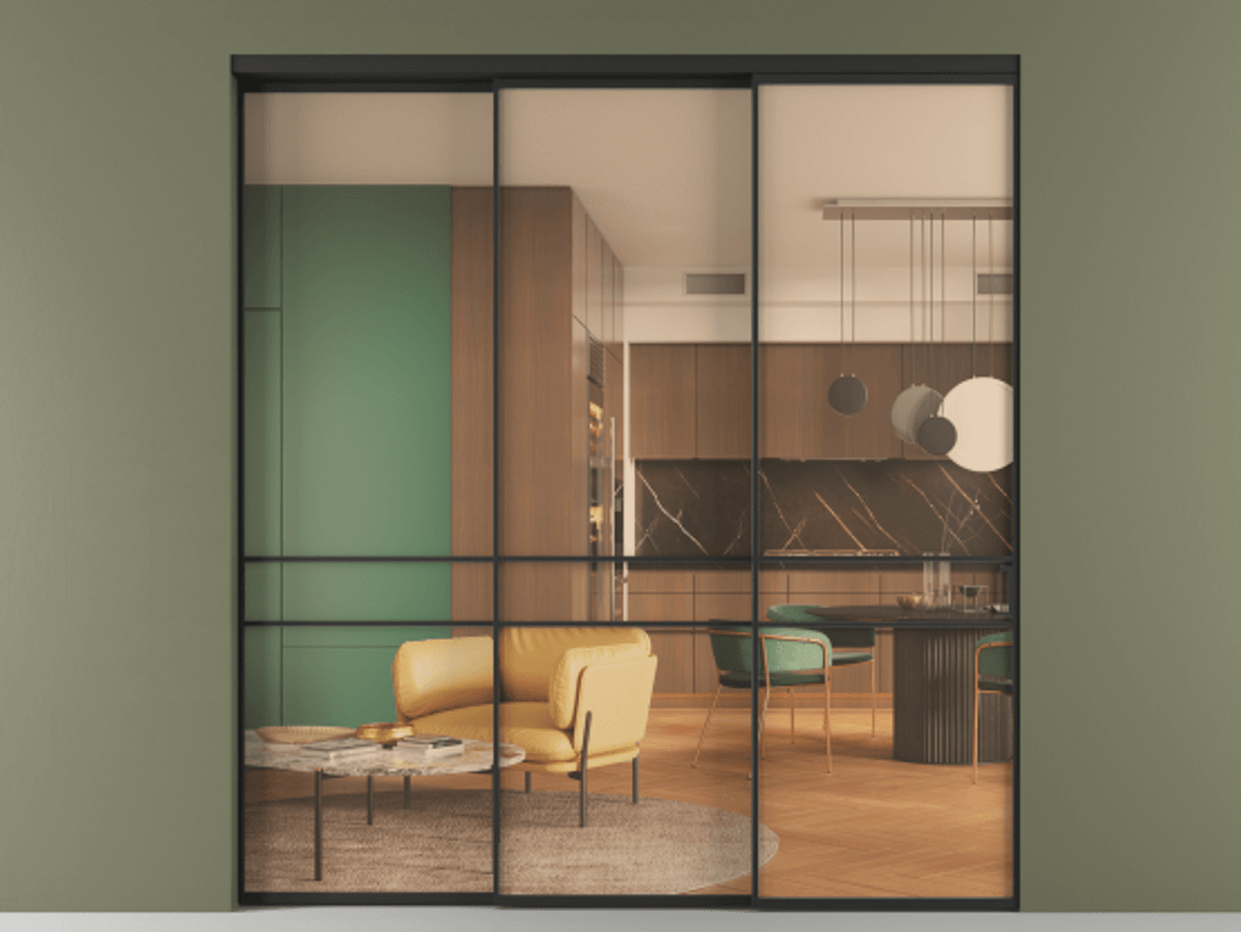 Перегородка Формато внутри проёма 3 створки с синхронным механизмом АЛПР 040.02 Алюминий Черный Прозрачное оранжевое стекло, триплекс Цена 328600 ₽  | Volhovec