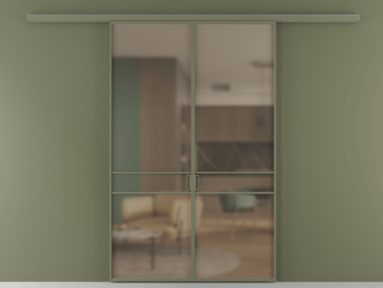 Алюминевая перегородка АЛПР 040.02_АОТ_Бронза сатин триплекс_new. Цвет Алюминий оливковый тёмный. Материал Алюминий в эмали. Коллекция Перегородка Формато вдоль стены 2 створки. Картинка.