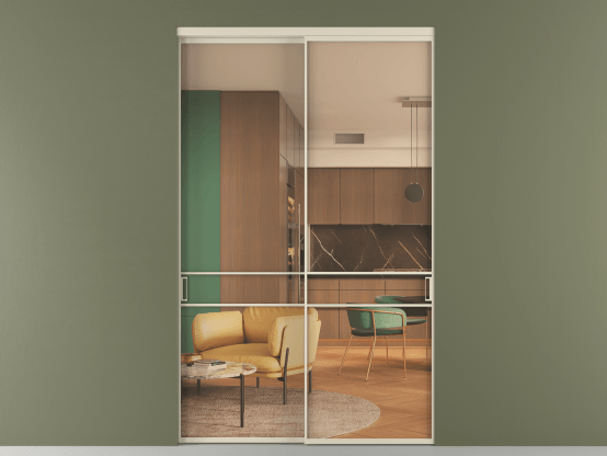 Алюминевая перегородка vn2_02_ Алюминий бежево-серый Прозрачное оранжевое стекло, триплекс, 6мм. Цвет Алюминий бежево-серый. Материал Алюминий в эмали. Коллекция Перегородка Формато внутри проёма 2 створки. Картинка.