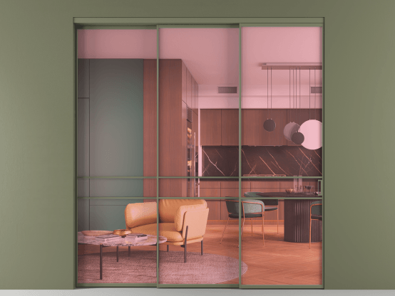 Алюминевая перегородка АЛПР 040.02_АОТ_ПРОЗ РОЗ_new. Цвет Алюминий оливковый тёмный. Материал Алюминий в эмали. Коллекция Перегородка Формато внутри проёма 3 створки с синхронным механизмом. Картинка.