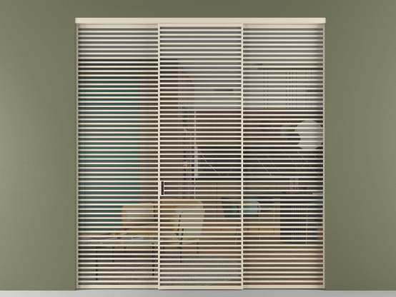 Алюминевая перегородка vn1+2_07_ Алюминий бежево-серый Серый прозрачное. Цвет Алюминий бежево-серый. Материал Алюминий в эмали. Коллекция Перегородка Формато внутри проёма 3 створки. Картинка.